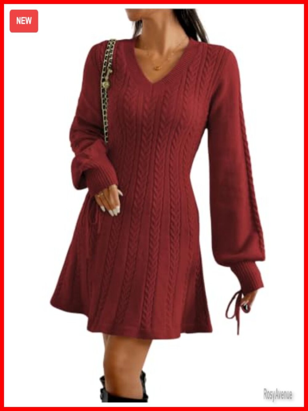 Cable Knit V Neck Sweater Dress Long Sleeve Mini A-Line Pullover